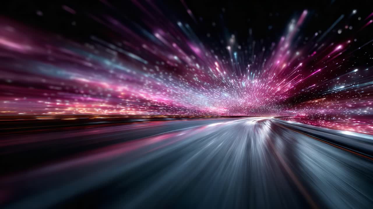 An abstract journey through a vibrant cosmic landscape showcasing radiant stars and flowing lights against a sleek highway, emphasizing speed and motion