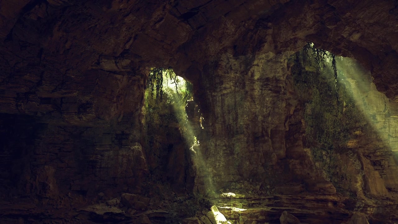 Grotta pacifica illuminata da raggi dorati e pareti ricoperte di muschio
