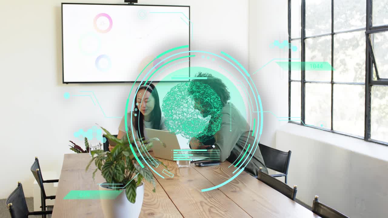 Man reaching keyboard and woman using laptop, green hologram materializing, reviewing business data