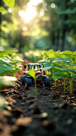 tractor working in lush green vegetable field during sunlight