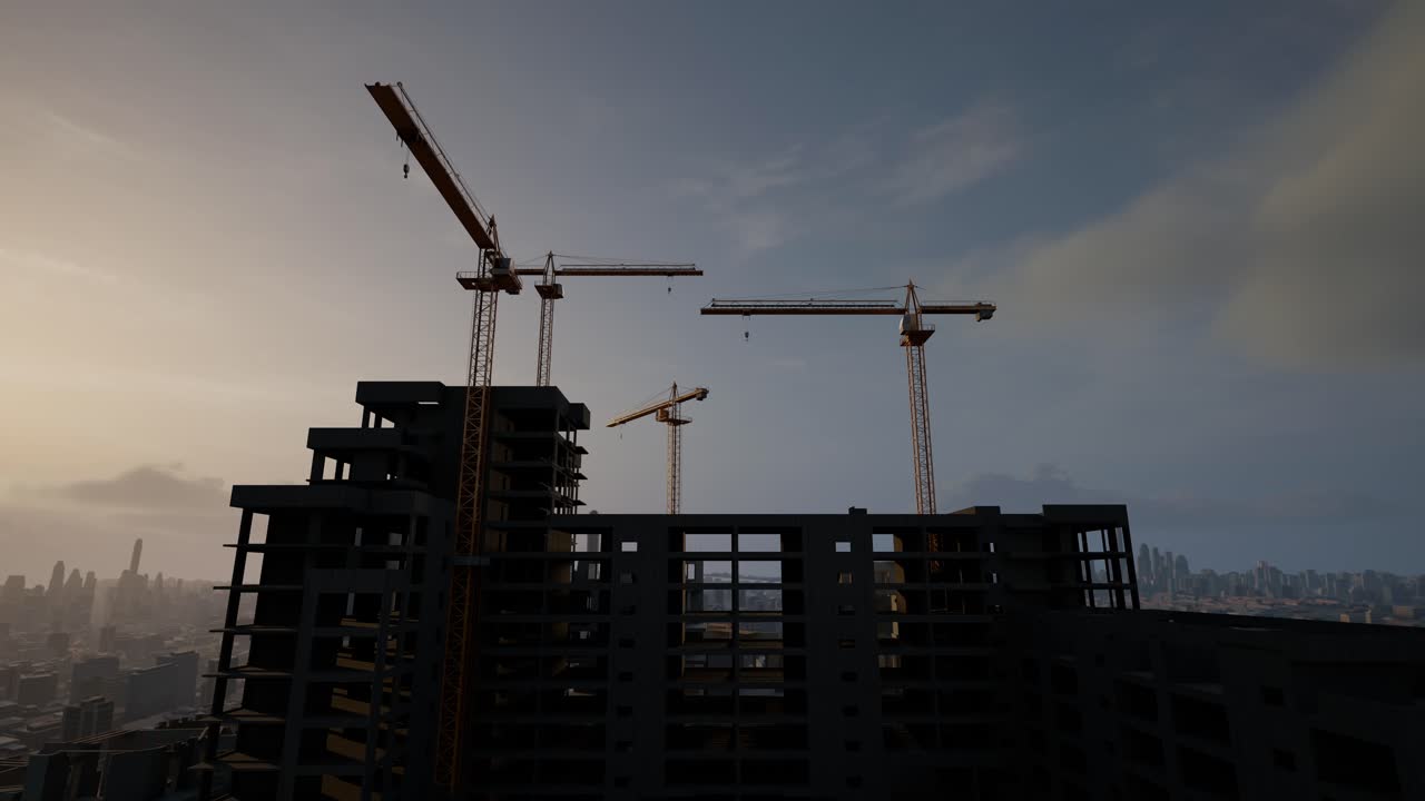 Dynamic Construction Site With Cranes Against Dramatic Sky, Timelapse