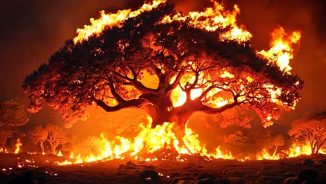 un gran árbol en el medio de un campo de fuego