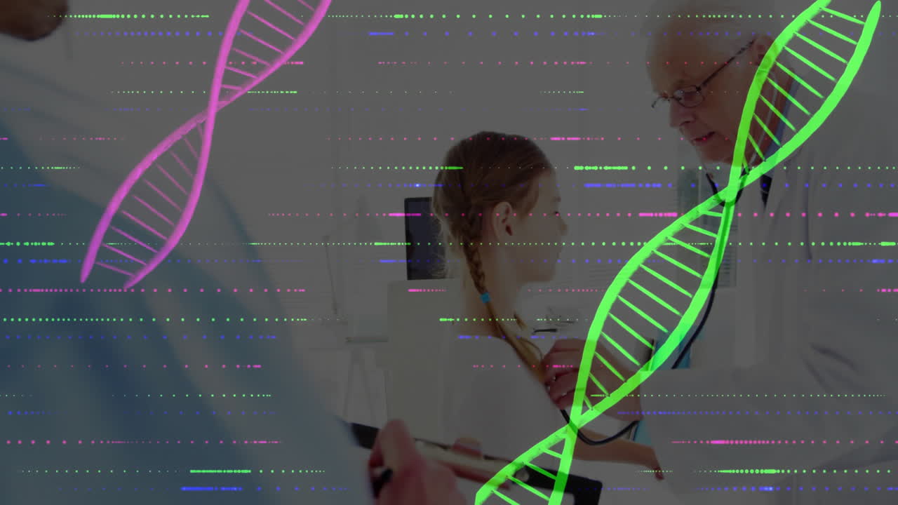 Child sitting on clinic bed, doctor placing stethoscope, assistant noting data, neon DNA glitch