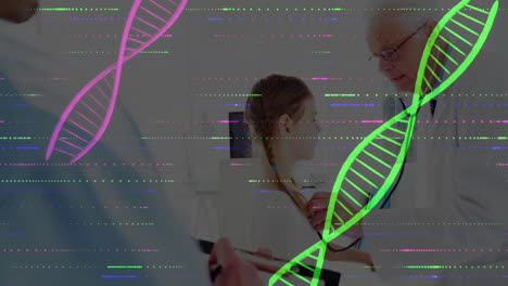 child sitting on clinic bed, doctor placing stethoscope, assistant noting data, neon dna glitch