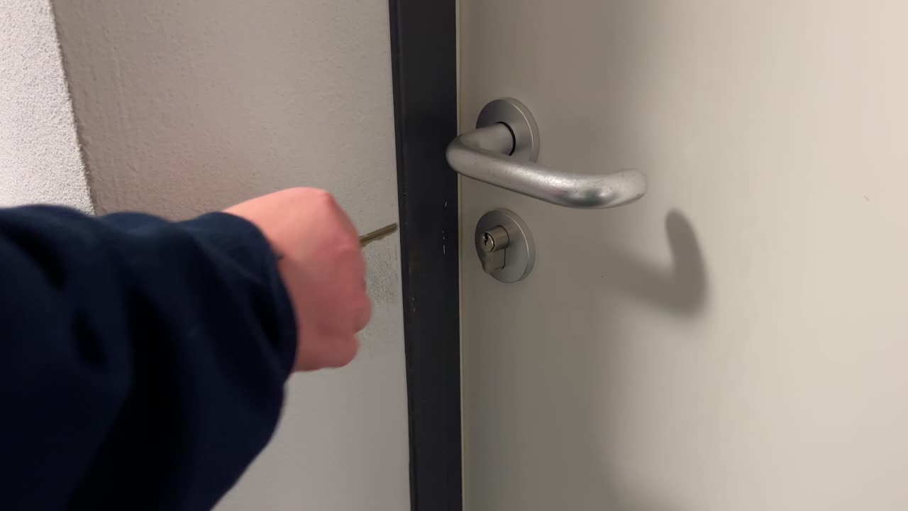 silver key unlocks a white door person with dark blue sweater
