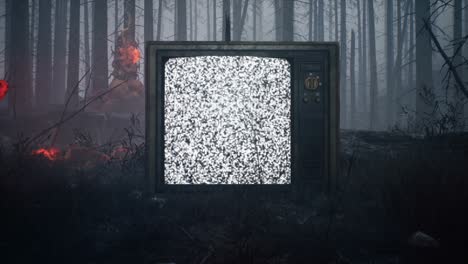 an old television stands in a burnt-out dark forest. vintage tv set in the middle of a mystical forest. apocalyptic forest concept. animation perfect for retro, vintage or apocalyptic backgrounds