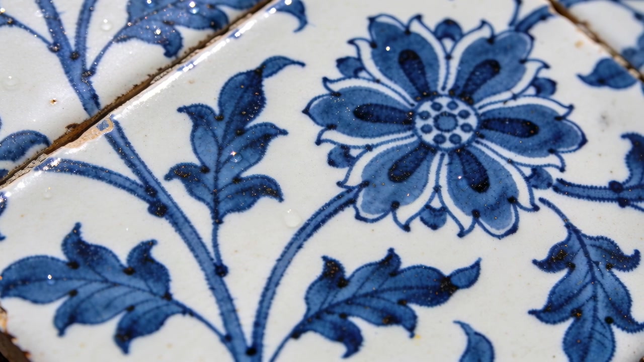 Telecamera che panoramica a destra, rivelando piastrelle di ceramica in studio per mostrare una rosetta blu e frammenti smaltati.