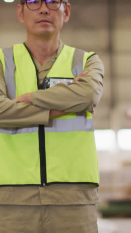 portrait of asian male worker wearing safety suit in warehouse