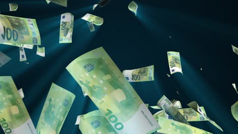 many euros fall from above, 3d rendering. computer generated backdrop with effect of money rain. business success