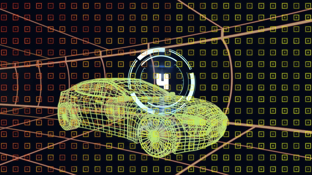 검은색 배경에 디지털 자동차 위에 이동하는 카운트다운과 모양의 애니메이션