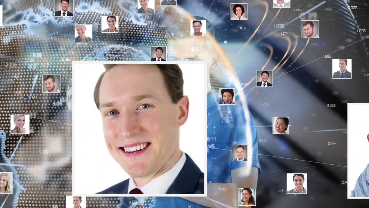 Animation of photos of diverse male and female businesspeople rotating over globe