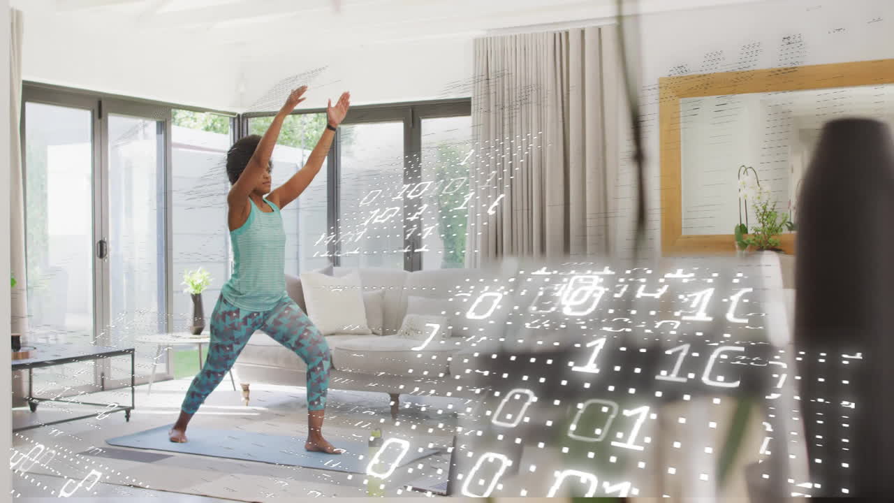 거실에서 요가를 연습하는 여성에 대한 이진 코드 애니메이션