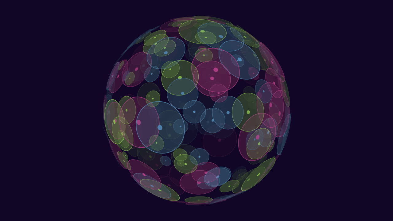 A 3D sphere composed of multicolored circles in structured arrangement is depicted in the image, showcasing a visually engaging and intricate design
