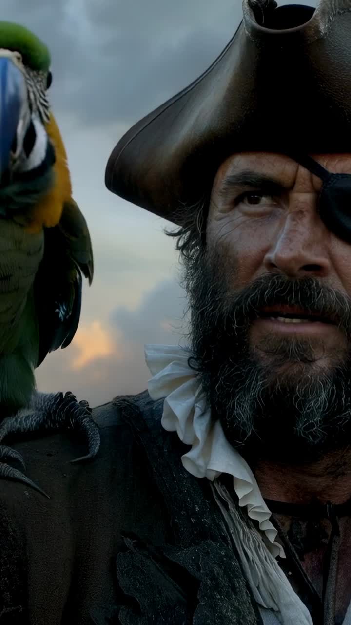 Vertical video: Turning green macaw calling while shifting feet on man's shoulder at sea, eyepatch