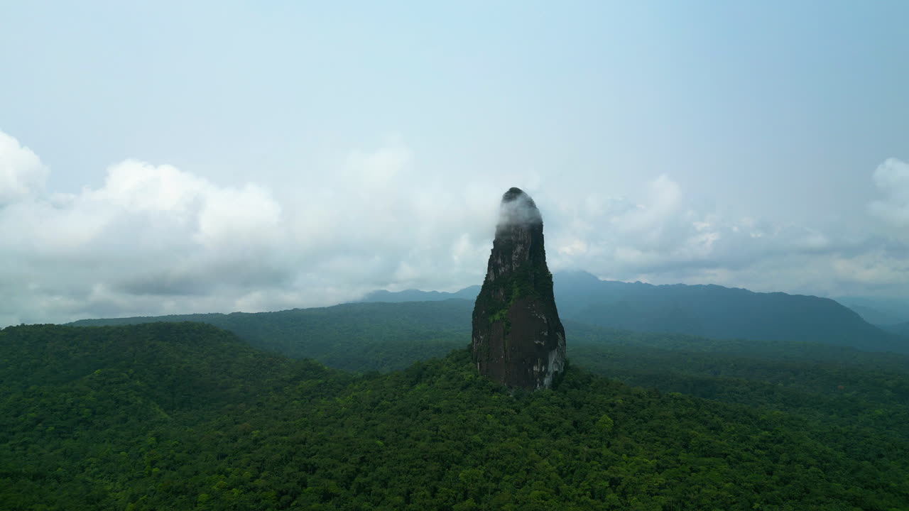 Aerial view away from the Pico Cao Grande peak, in Sao Tome and Principe, Africa