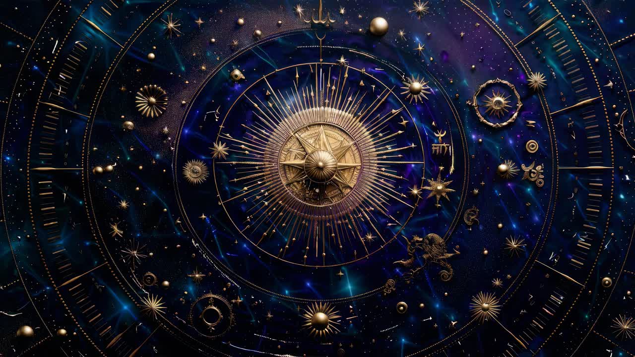 Uno sfondo video a tema cosmico con una visuale dall'alto di un orologio celestiale, caratterizzato da elementi complessi