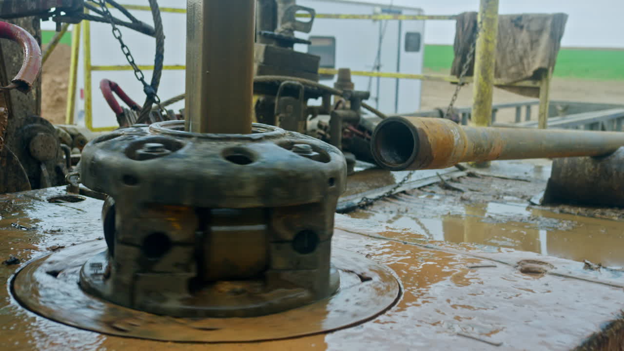 Metal pole of drilling equipment is rotating at the site. Close look at the location for natural resources production.