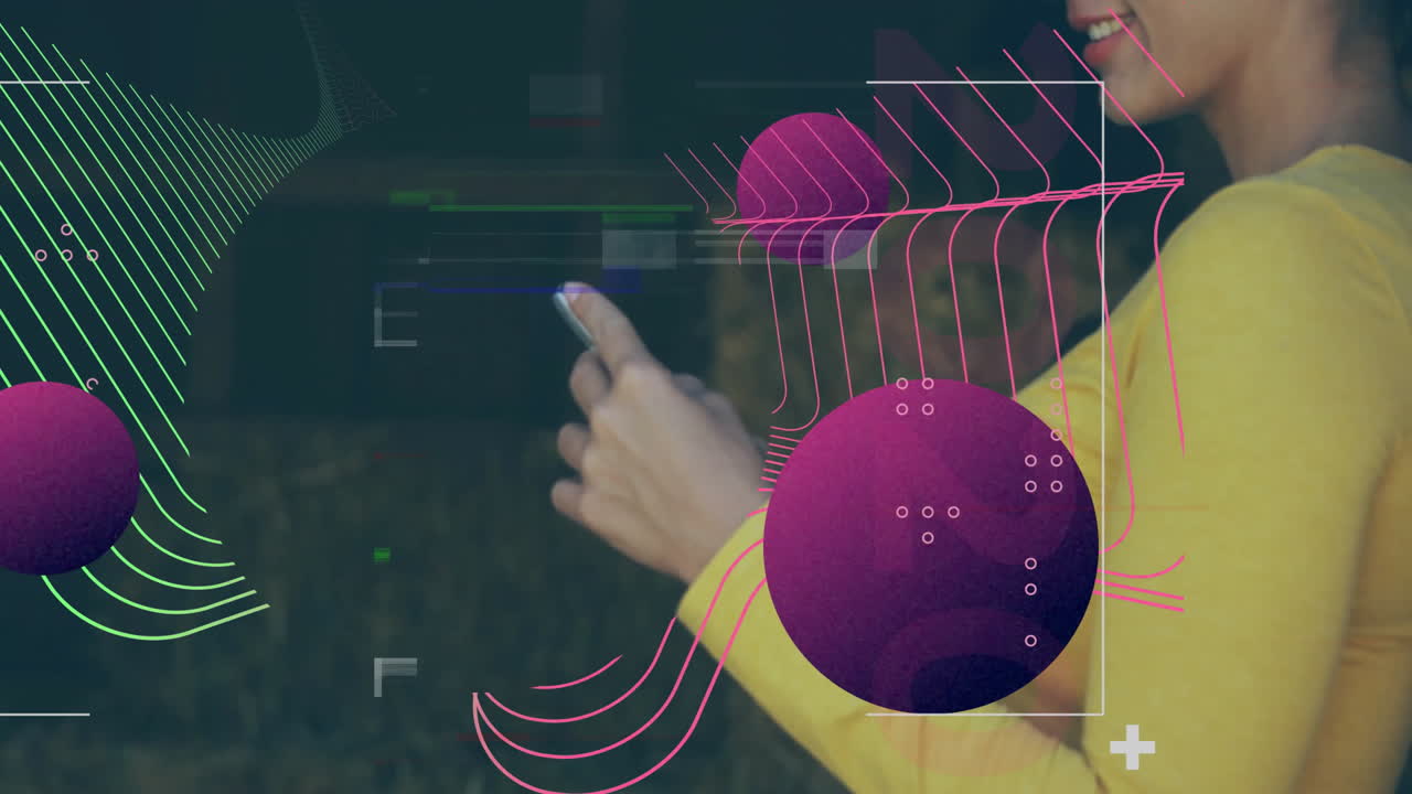 Person in yellow using smartphone with abstract geometric animation overlay