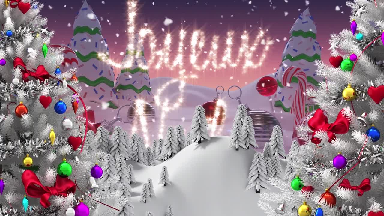 animación de la pancarta de texto de joyeux noel y la nieve cayendo sobre el paisaje de invierno.