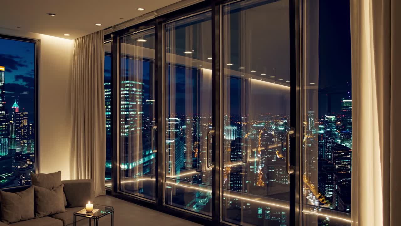 Luxury penthouse interior showcasing a breathtaking panoramic view of an illuminated cityscape at night, featuring comfortable furniture, soft lighting, and large windows