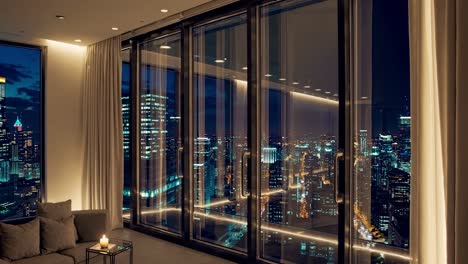 luxury penthouse interior showcasing a breathtaking panoramic view of an illuminated cityscape at night, featuring comfortable furniture, soft lighting, and large windows