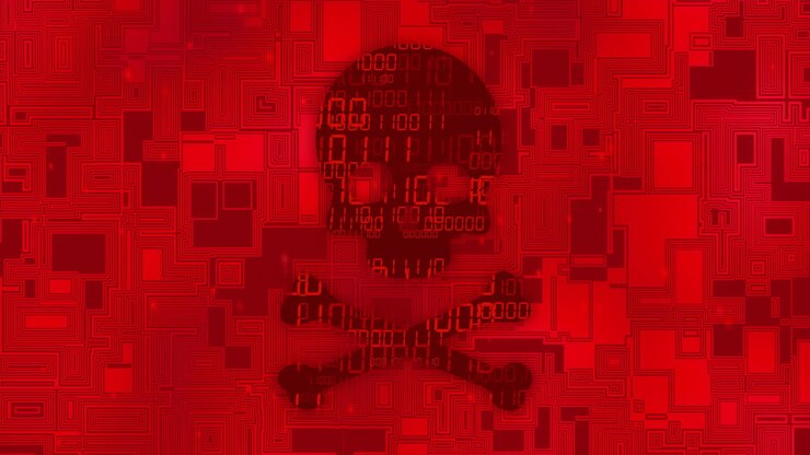 Skull and crossbones with binary code over red digital circuit background