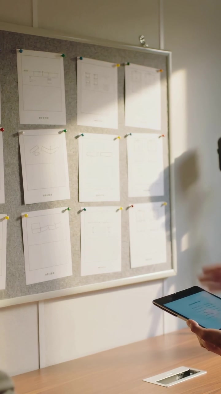 Vertical video: Using tablet, presenter sleeves rolled pointing at felt board for review