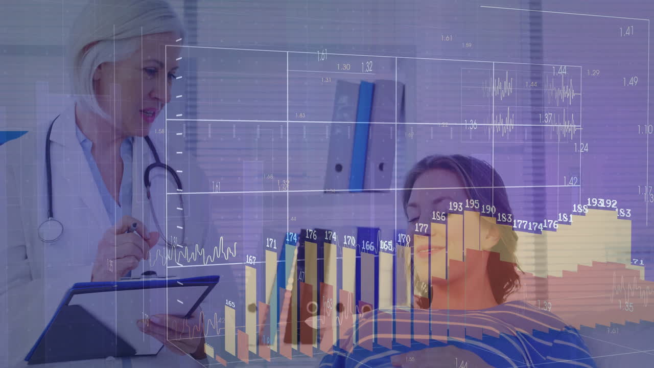Consulting patient, doctor using data charts and graphs with animation overlay