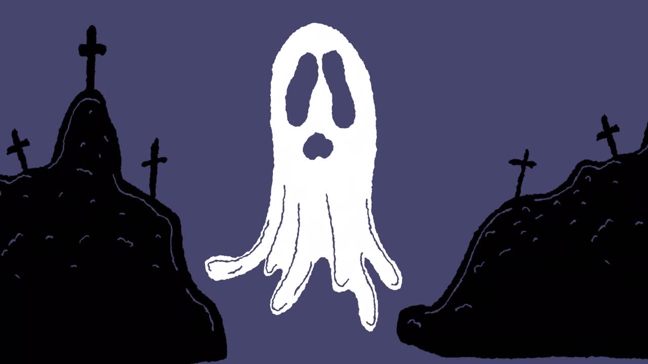 animación de fantasma sobre el cementerio sobre fondo púrpura
