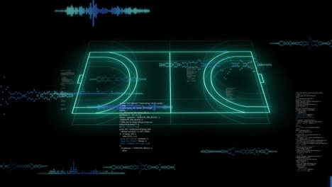 animation of futuristic basketball court with data visualization in school gym
