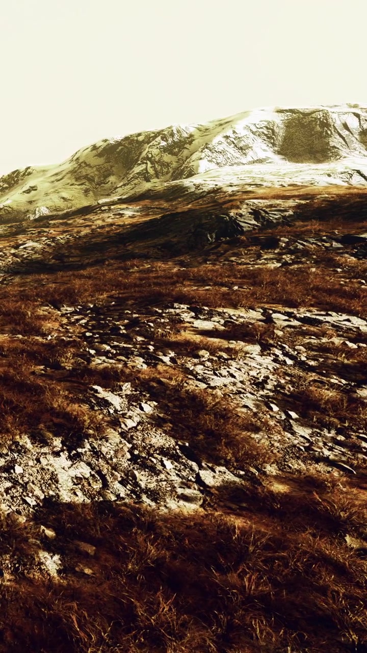 Paesaggio montano con terreno roccioso e vegetazione rada sotto la luce del sole