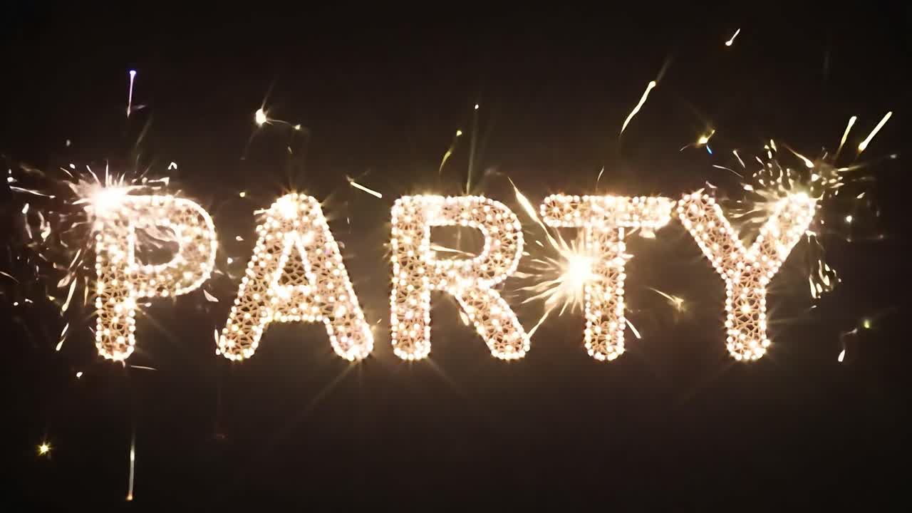 la animación de texto brillante crea la fiesta de la palabra con luces brillantes contra un fondo negro, perfecto para celebraciones