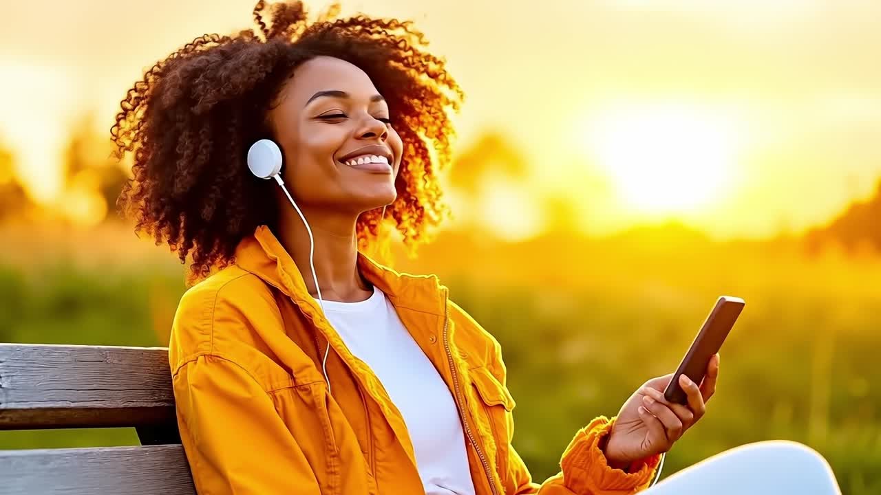 A woman sitting on a bench listening to music with headphones and a cell phone