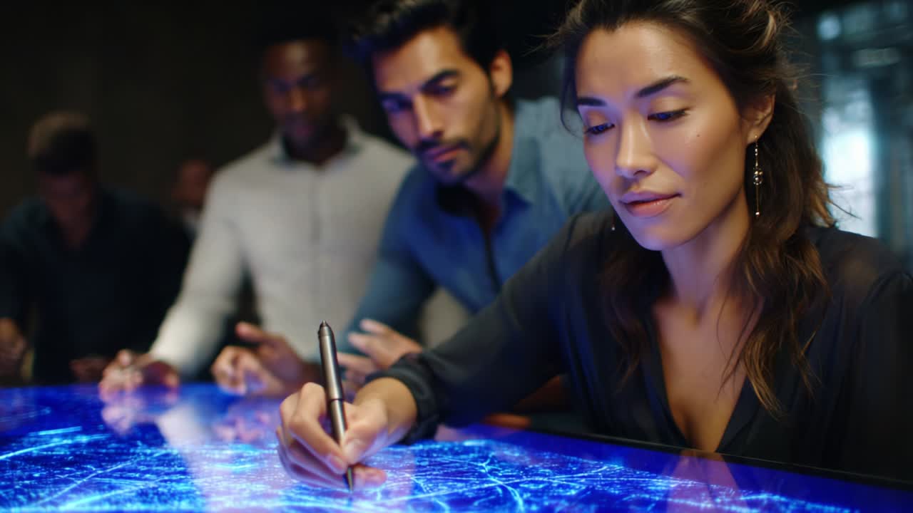 Dynamic Interaction Between Individuals Engaged in Collaborative Technology Exploration, Showcasing Innovative Touchscreen Interface with Blue Visual Patterns and Focused Expressions