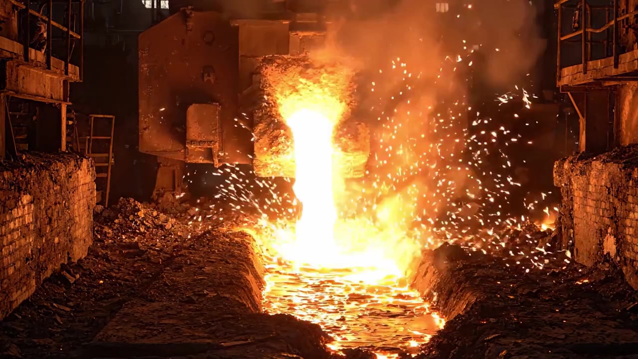 Uno sguardo nell'intenso mondo della lavorazione dei metalli: metallo fuso che scorre da un forno, illuminando l'ambiente buio della fabbrica con tonalità infuocate.