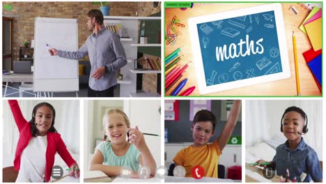 Animation-of-six-screens-of-diverse-children,-teacher-and-maths-text-during-online-school-lesson