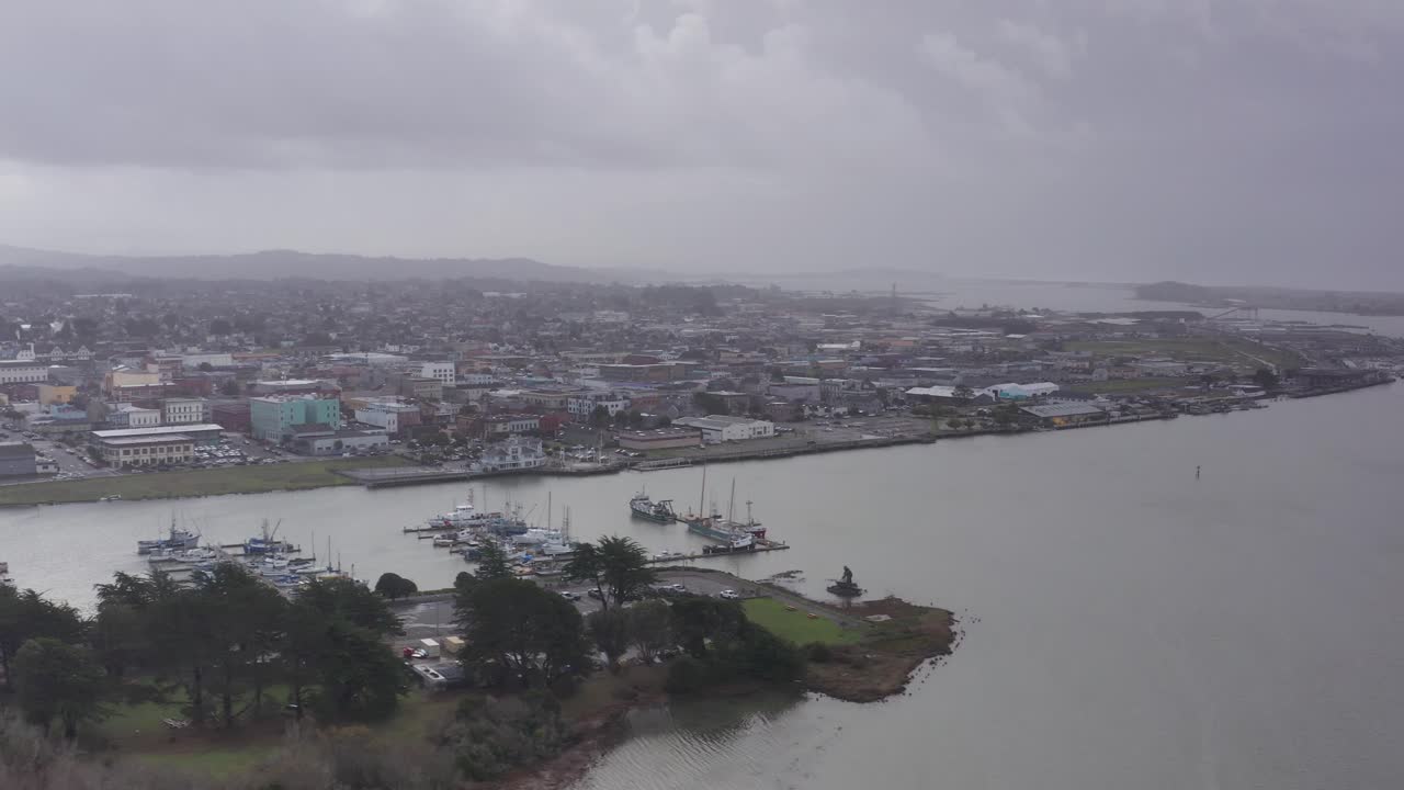 Aerial wide dolly shot of historic downtown Eureka, California. 4K