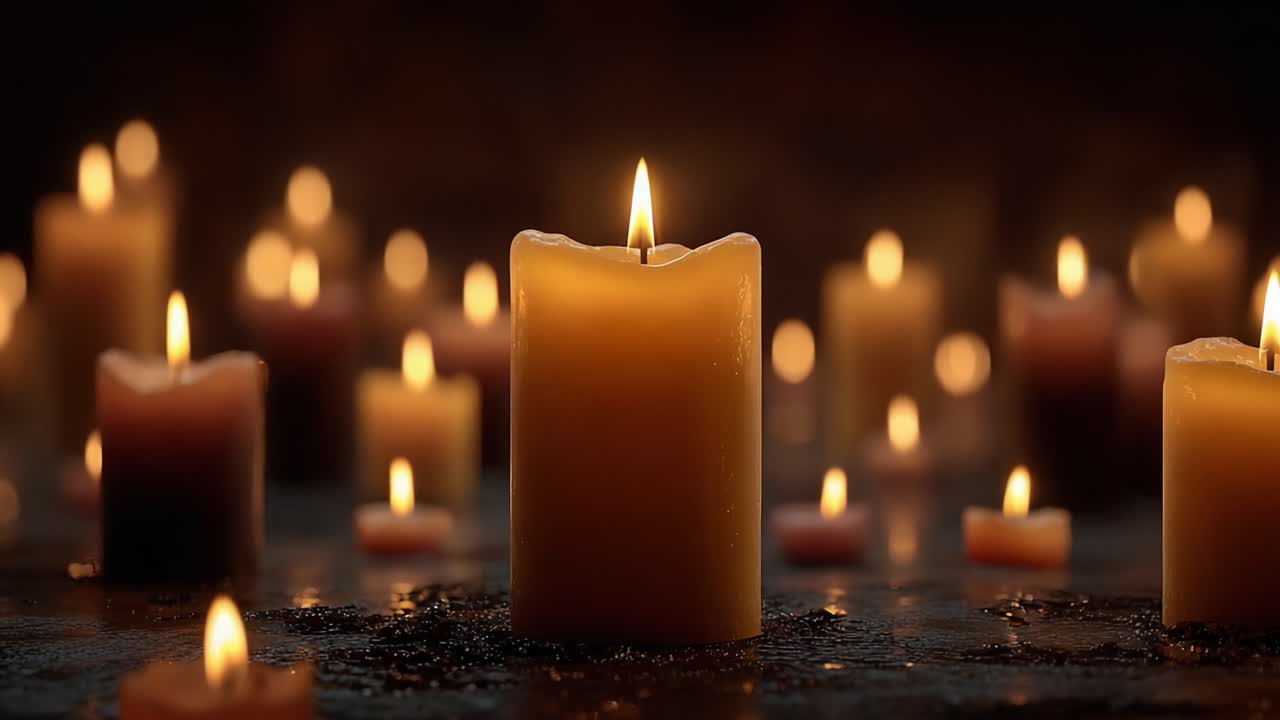 A Serene Display of Glowing Candles: Capturing the Warmth and Tranquility of Flickering Flames in a Softly Lit Ambience