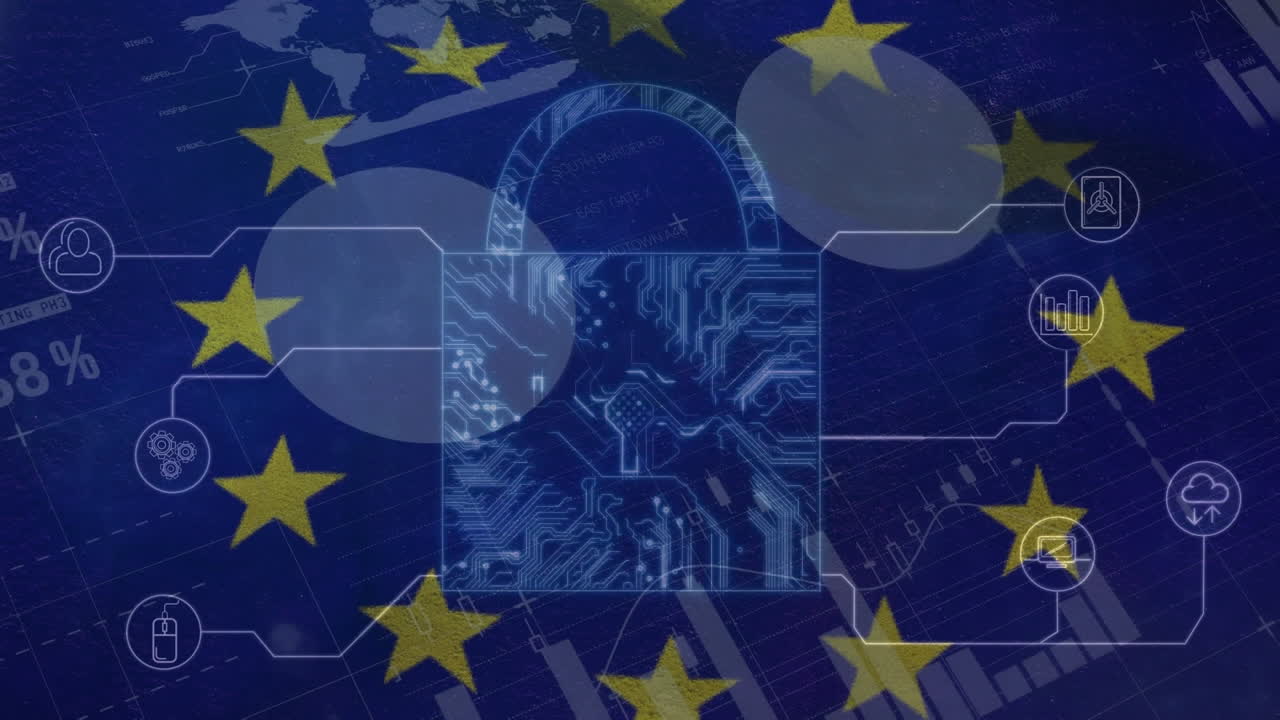 Animazione di un lucchetto, elaborazione dati e bandiera dell'UE