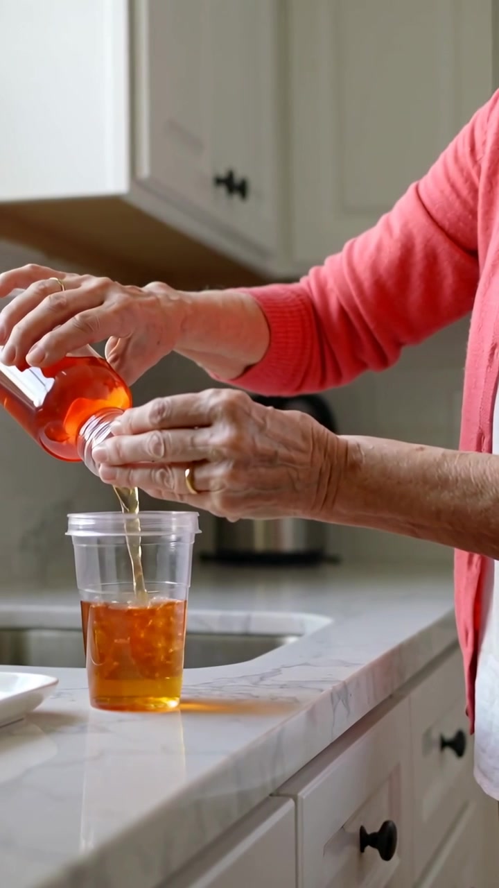Video vertical: Levantando una botella, mujer vertiendo té en una taza en el fregadero, tapando, haciendo té en coral.