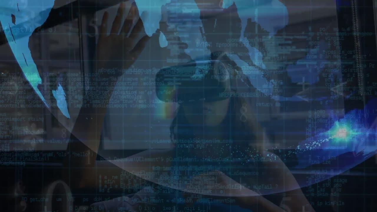 Animation of data processing with globe over biracial women using vr headset