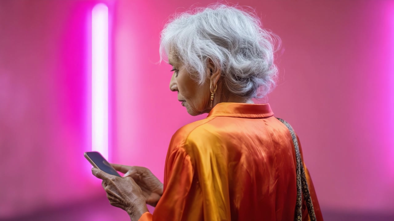 Una Donna Elegante con Capelli Argentati Utilizza uno Smartphone Moderno, Catturata su uno Sfondo Rosa Vibrante con Luci al Neon Incandescenti in un Contesto Contemporaneo