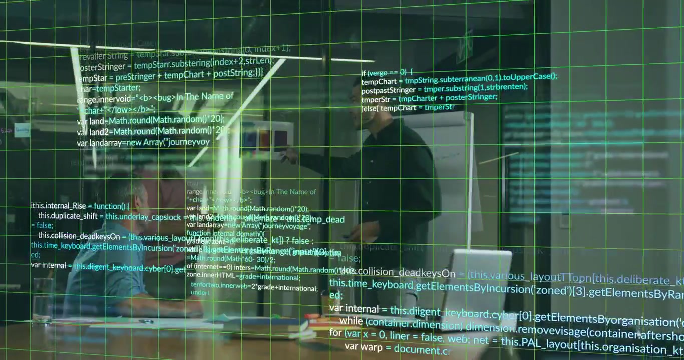 Drie collega's starten een technologieprojectvergadering, initiëren een groen raster en projecteren code.