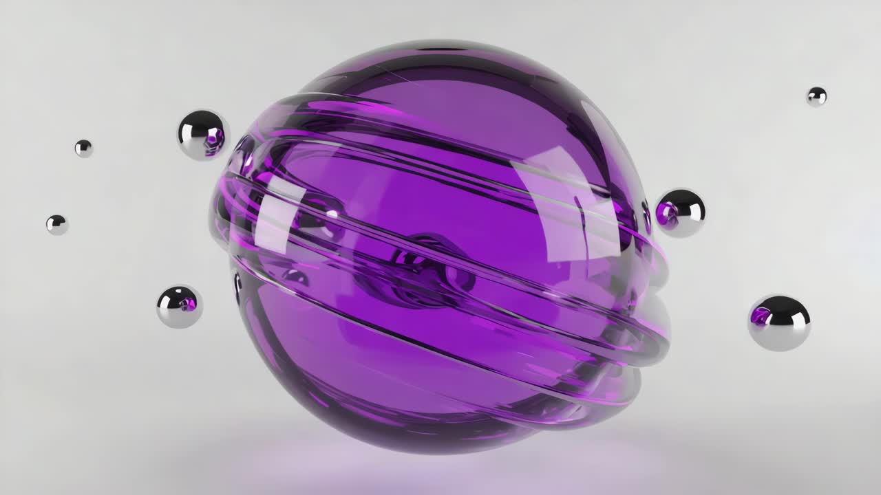 Abstract 3D purple glass sphere with chrome balls