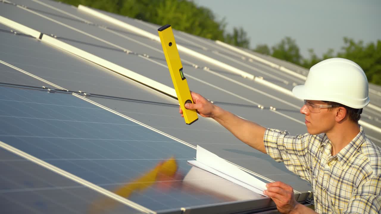Solar panel technician working with solar panels