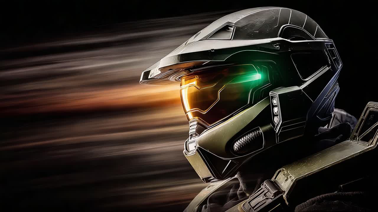 Futuristic Armored Soldier with Visor Glow: A Decisive Moment in a Dynamic Sci-Fi Universe Captured Through Sleek Design and Vivid Colors