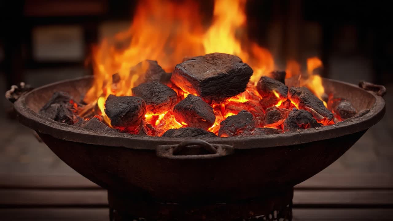Et fængslende skue af flammer og glødende kul i et rustikt bålfad, perfekt til udendørs sammenkomster og skabelse af en hyggelig atmosfære