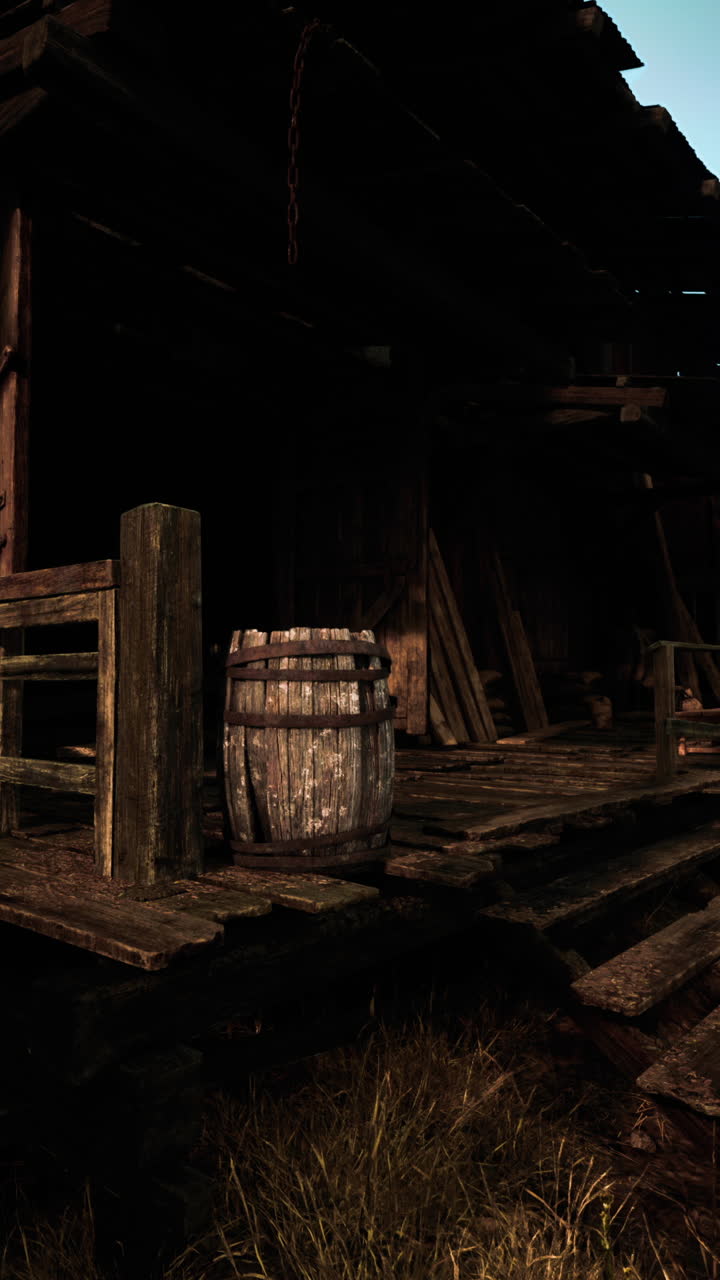 granero rústico con barril de madera