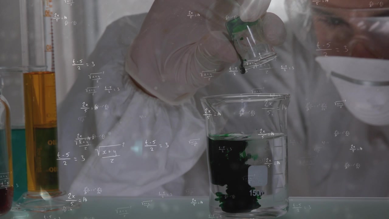 Animation of mathematical equations over caucasian male scientist in lab