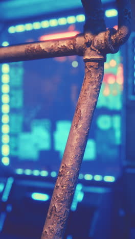 close up of a rusty pipe with blue lights in the background